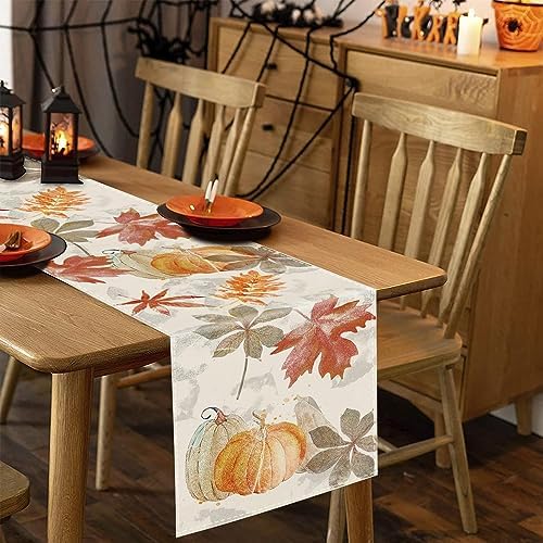 Fall Table Runner Pumpkin Maple Leaf Watercolor Vintage Table Runners Seasonal Autumn Thanksgiving Harvest Home Kitchen Dining Party Decorations 13x90 Inch - Image 4
