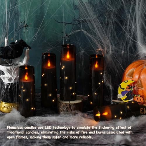 Nimiko Flickering Flameless LED Candles, 9 Pcs with Embedded Star String, Acrylic LED Pillar Candles with Remote, Suitable for Home Decoration (Black) - Image 5