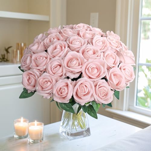 50 PCS Blush Roses Artificial Flowers, Fake Roses with Stem Realistic Silk Rose for DIY Wedding Bouquets Table Centerpieces Arrangements Baby Shower Birthday Home Decor Valentines Day Gift for Her - Image 6