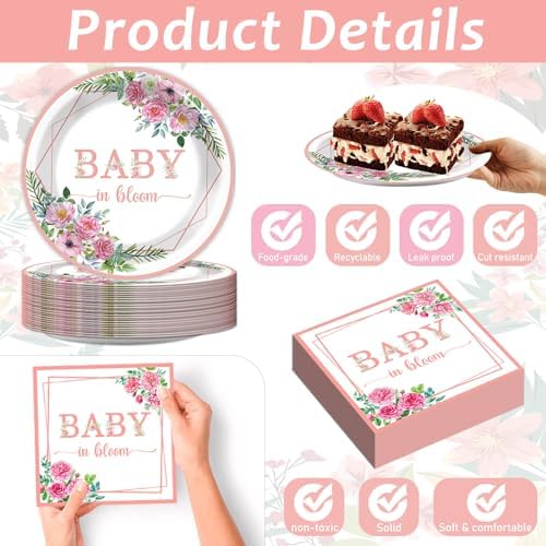 gisgfim 50 Guests Baby in Bloom Party Supplies Baby In Bloom Floral Plates and Napkins Plastic Forks Girl Floral Tableware Pink Flower Paper Plates for Birthday Party 200PCS - Image 3