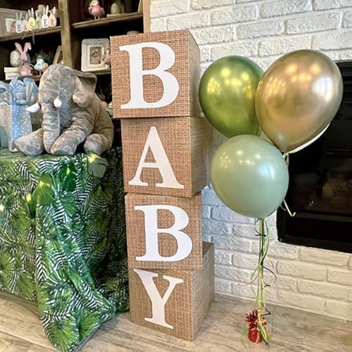 Burlap Print Baby Shower Boxes for Gender Reveal Party Gender Neutral Baby Shower Centerpiece Decor - 4 Pcs Burlap Grain Baby Cubes Baby Blocks with Letters, Rustic Baby Shower Decorations - Image 3