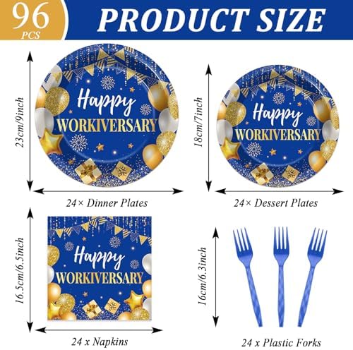 Justforjoyful 96Pcs Happy Work Anniversary Party Supplies Blue Gold Happy Workiversary Tableware Dinnerware Set Worker Appreciation Plates Napkins Decorations for Women Men Office Employee Worker - Image 2