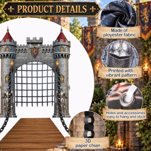 Medieval Castle Door Cover and Fence Backdrop with Paper Chains for Party - Image 3