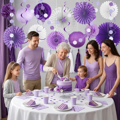 Meiduo 34 Pcs Purple Party Decorations, Paper Fans, Lanterns, Pom Poms Set - Image 4