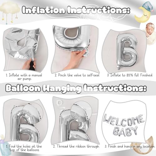 Metallic Silver Baby Shower Decorations Balloons, WELCOME BABY Letter Foil Balloons Banner Backdrop with Chrome Silver Confetti Latex & Heart Balloon for Newborn Infant Babyboy Babygirl Party Decor - Image 6
