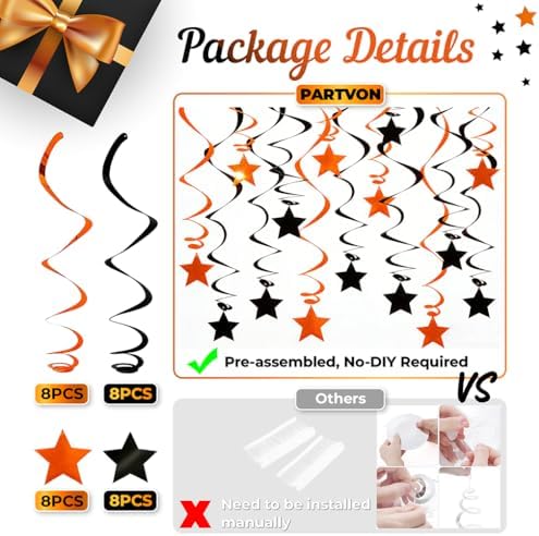 Orange Black Hanging Swirl Decorations - 32 Pcs Metallic Ceiling Swirls with Foil Stars, Plastic Streamers for Graduation, Halloween, Thanksgiving, Fall Autumn, Birthday, Sports Party Supplies - Image 3