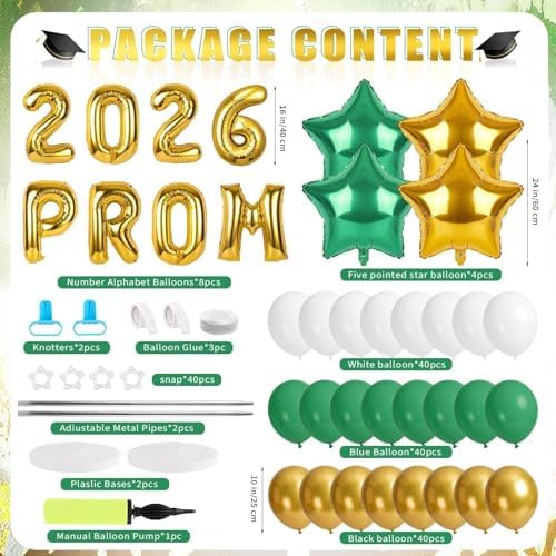 2 Sets Graduation Balloon Column Stand Kits with 132 PCS Green Gold White Latex Balloons 2026 Letters 6.5 Ft Adjustable Metal Tube Telescopic Tower Pillar with Base for Graduation Party Decoration - Image 3
