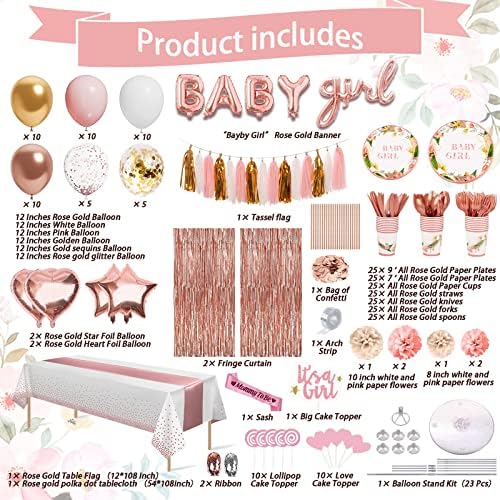 Guudmua 303 Pcs Baby Shower Decorations For Girl, Girl Baby Shower Decorations Kits - Disposable Dinnerware Set With Pink Rose Gold Floral (25 Guest), "BABY girl" Banner, Balloon, Sash, Cake Topper - Image 2