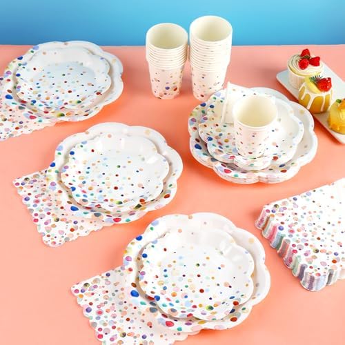 Colorful Birthday Plates and Napkins 200PCS Confetti Happy Birthday Party Plates Set Disposable Tableware Serve 50 for Art Paint Party Supplies Bubble Decorations-Colorful Paper Plates - Image 4