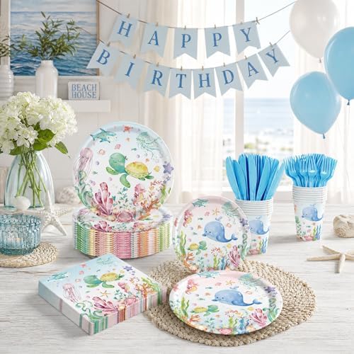 120PCS Under the Sea Party Supplies for Ocean Theme Baby Shower Birthday Party Underwater World Creatures Decorations Ocean Sea Animal Plate Cup Napkin Knives Forks for 20 Guests - Image 7