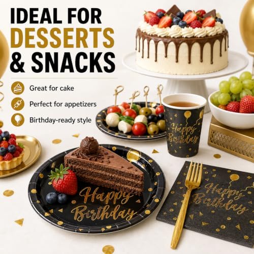 48PCS Happy Birthday Plates and Napkins Party Supplies, Black and Gold Disposable Paper Plates and Napkins with Forks Tableware Set for Birthday Party Decorations 16 Guests (Birthday Black) - Image 4