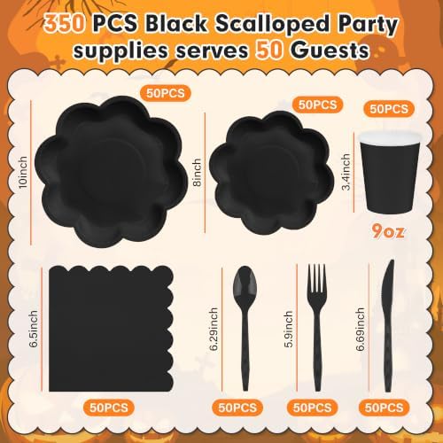 350 Pcs Halloween Black Paper Plates and Napkins Set, Serve 50 Guests - Image 2