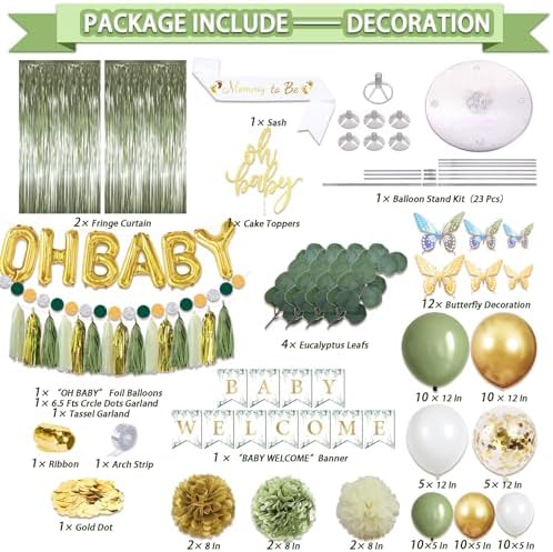 Guudmua 217 Pcs Sage Green Baby Shower Decorations, Neutral Baby Shower Decor Supplies- Disposable Dinnerware Set With Eucalyptus Leaf (25 Guest), "OH BABY" Banner, Balloon, Sash, Cake Topper - Image 2