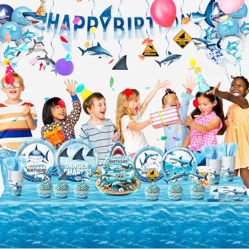 LINHAXM 157 PCS Shark Birthday Party Decorations Includes Plates, Napkins, Cups, Cutlery, Cake Toppers, Banner, Hanging Swirls, Tablecloth, Balloon for Under The Sea Party Decorations - Image 5