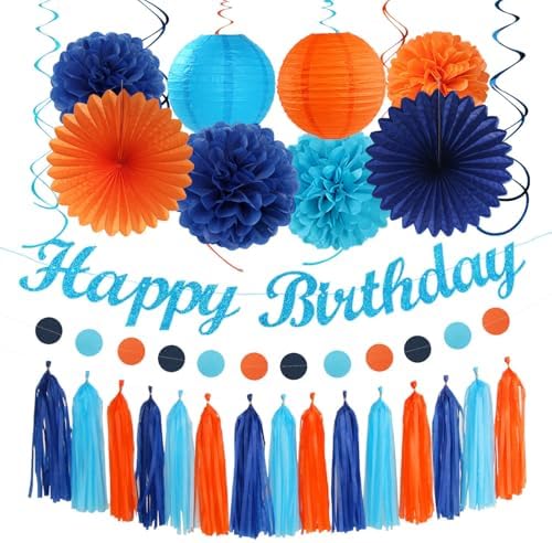 Royal-Light Blue Orange Happy-Birthday Party-Decorations - 31pcs Men Boys Paper Lanterns Streamers Banner,Navy Tissue Flowers Pom Poms Fans Tassels Garland Decor Backdrop Supplies Hugmoon by PartyDecorations