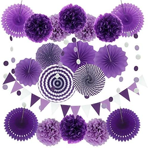 ZERODECO Party Decoration, 21 Pcs Purple and Lavender Hanging Paper Fans, Pom Poms Flowers, Garlands String Polka Dot and Triangle Bunting Flags for Birthday Parties, Wedding, Mermaid Party by ZERODECO