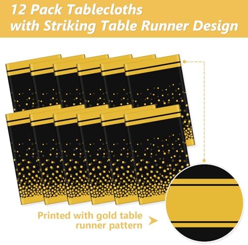 LANLISA Black and Gold Tablecloth Party Decorations 12 Pack, Disposable Table Cloths for Graduation Birthday Retirement Anniversary Party Decor - Image 4