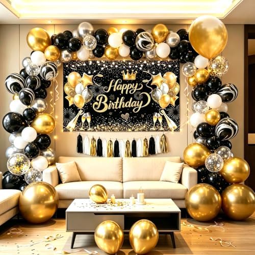 Black Gold Happy Birthday Party Balloon Decoration Set for Men Women by YinQin