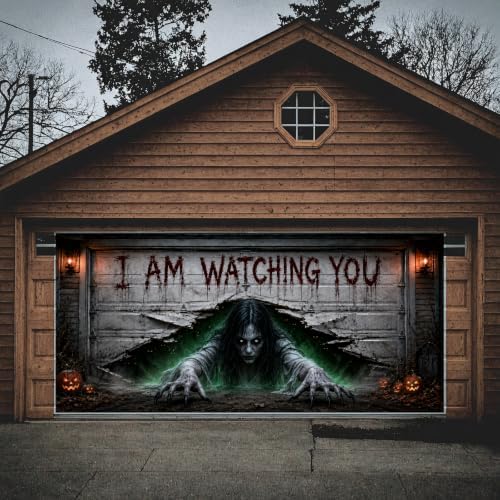 13x6 Ft Halloween Garage Door Decorations Cover, I AM Watching You, Large Outdoor Garage Door Banner Backdrop for Home Wall Window Patio Yard Party - Image 5