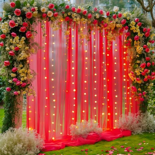 20×10ft Red Tulle Backdrop Curtain with Lights for Parties, Sheer Photo Backdrop Curtains for Wedding Party Photography Background by WishCare