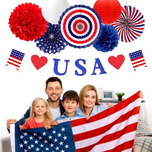 Red-White Blue Memorial-Day Patriotic Decorations - 21pcs 4th Fourth of July Americana Banner Garland,Independence Party Decor Paper Streamers Lanterns,Flower Tissue Pom Poms Fan Supplies Huglony - Image 5
