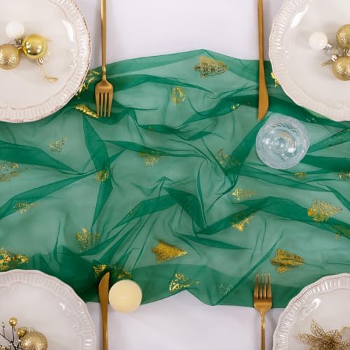 Christmas Tree Table Runner Gold Gauze Glitter Sheer Party Home Table Decor - Image 4