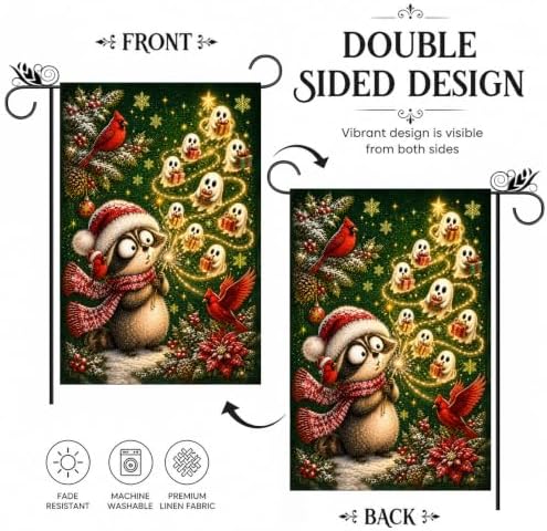 Christmas Garden Flag Vintage Holiday Raccoon Ghost Tree Winter Yard Decor - Image 2