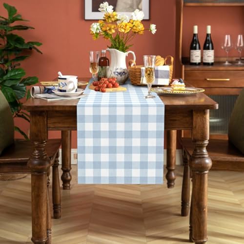 Dusty Blue Gingham Table Runner Light Blue Checkered Boy Girl Baby Shower Birthday Party Decoration Home Dining Kitchen Island Decor (13" x 120") - Image 4