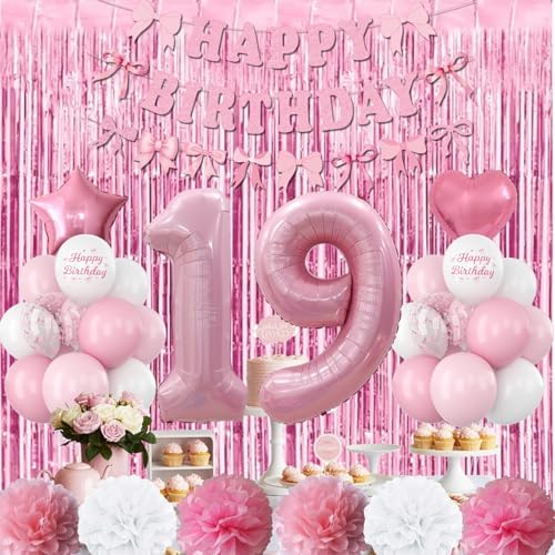 19th Birthday Decorations Girls Pink Number 19 Balloon Bow Coquette Party - Image 2
