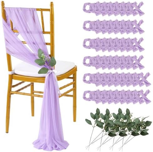 QueenDream Wedding Aisle Chair Sashes 50 Pieces Light Purple Long Sheer Fabric Sashes Decorations Chair with Artificial Eucalyptus by QueenDream