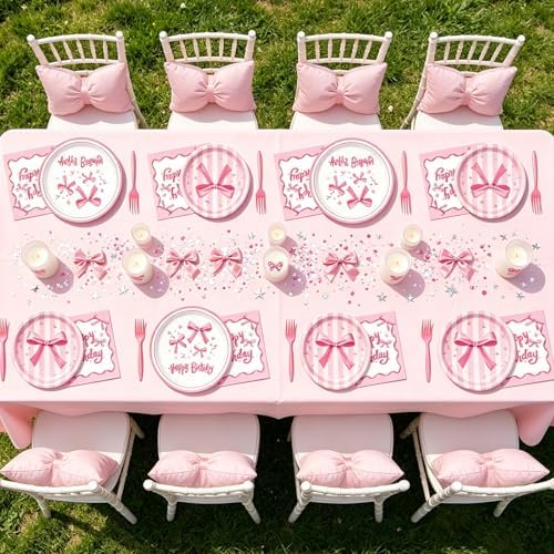 REDWORD Pink Bow Birthday Decorations, 96Pcs Bow Party Tableware Plates Napkins Forks for Pink Birthday Girls Bachelorette Party Decorations-Serves 24 - Image 5