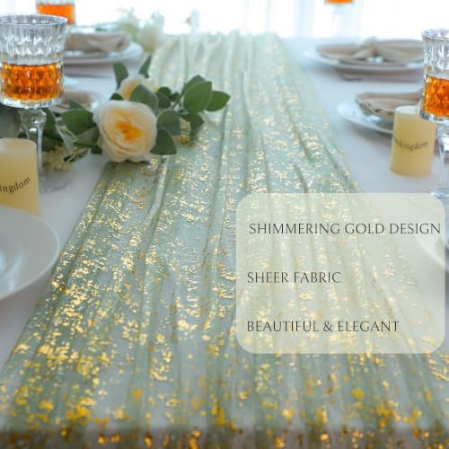 Sage Green Gold Table Runner 10Ft Metallic Foil Shimmer Sheer Gauze - Image 3