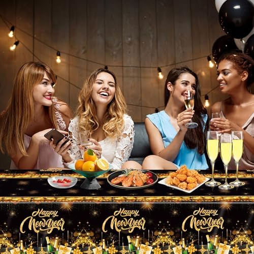 BCCSNNMN 3 Pcs Happy New Year Tablecloths,Rectangle Disposable Plastic Black Gold NYE Table Covers for New Years Eve Party Table Decorations Supplies 54" X 108" - Image 5