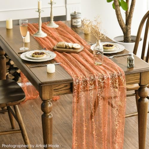 Artoid Mode 6PCS Orange Gold Gauze Table Runner 120 Inch 10FT, Glitter Metallic Foil Sheer Dining Wedding Anniversary Holiday Table Decor for Home Party - Image 2