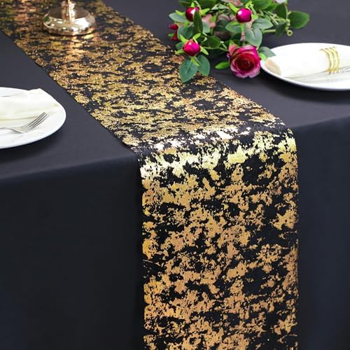 2 Pcs Black and Gold Table Runner, Glitter Metallic Foil Mesh Roll 108" by Snowkingdom