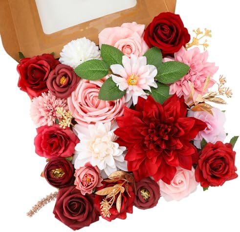 Floweroyal Artificial Flowers Combo Red Flowers Mix Silk Flowers Dahlia Roses with Stems for DIY Wedding Bridal Bouquets, Baby Shower, Floral Arrangement, Table Centerpieces, Home Decorations. by FloweroyalCrafts