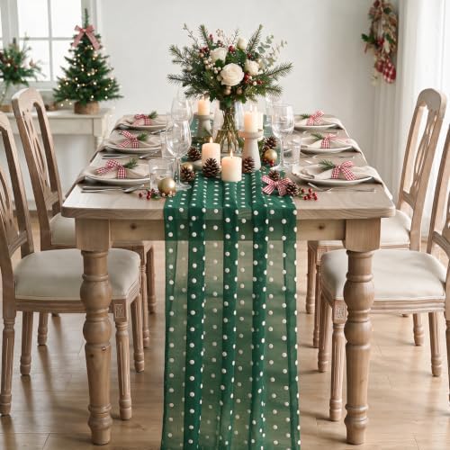 Artoid Mode Green Gauze White Flocking Dots Table Runner 10FT, Christmas Sheer Dining Table Decor for Wedding Anniversary Holiday Birthday Home Party - Image 2