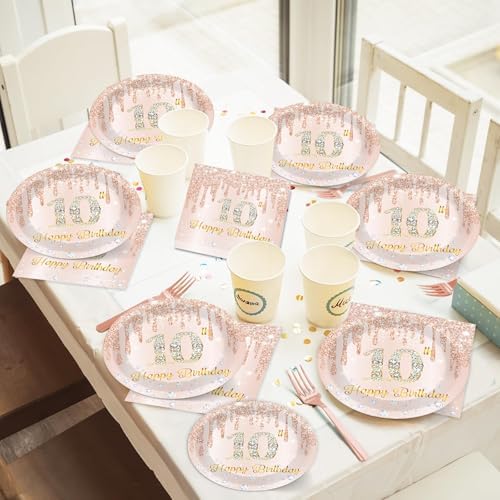 96 Pcs 10th Birthday Decoration for Girls Rose Gold 10th Birthday Plates and Napkins Party Supplies Rose Gold Pink Happy 10 Years Party Disposable Tableware Set for 24 Guests Party Decoration - Image 5