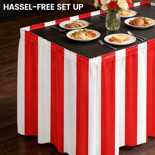 Fovths 8 Packs Red and White Striped Table Skirt Circus Table Skirt Carnival Theme Party Decorations Circus Tables Decorations for Concession Stand Holiday Party Supplies, 14 ft x 30 inch - Image 4