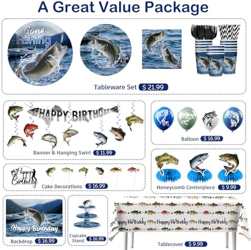 219Pcs cocomigo Fishing Birthday Party Decorations Tableware Set, 25 Serves - Image 4