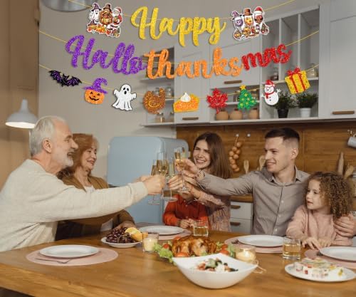 Colorful Glittery Happy Hallothanksmas Banner Holiday Party Decorations - Image 5