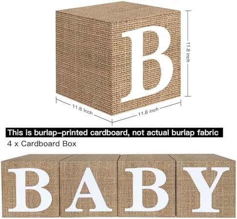Burlap Print Baby Shower Boxes for Gender Reveal Party Gender Neutral Baby Shower Centerpiece Decor - 4 Pcs Burlap Grain Baby Cubes Baby Blocks with Letters, Rustic Baby Shower Decorations - Image 2