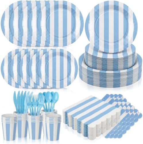 Mimorou 175 Pcs Light Blue and White Striped Party Tableware for 25 by Unknown