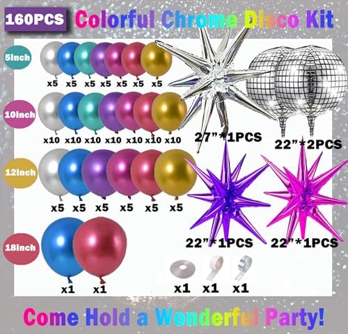 161pcs Shiny Chrome Balloon Garland Arch Kit Retro Disco Dance Party Decorations with 4D Disco Ball Balloons and Explosion Star Foil Balloons for 80s 90s Theme Neon Birthday Galaxy Supplies - Image 5