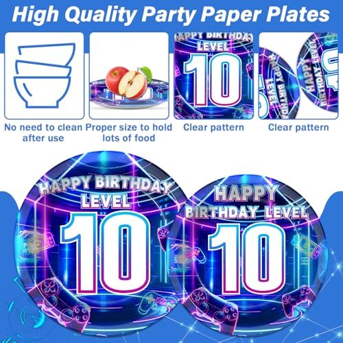 96Pcs 10th Birthday Video Game Plates and Napkins Gamer 10 Years Old Party Decorations Purple and Blue Level 10 Dessert Plates 10th Birthday Tableware for 24 Guests Boys Kids Gaming Party Supplies - Image 3
