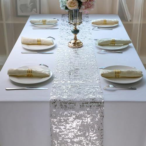 Snowkingdom Silver Table Runner, Sequin Glitter Foil Metallic Mesh Runner Roll 11 Inch x 49 Feet, Silver Table Decorations Centrepiece for Wedding Birthday Party Christmas Baby Shower - Image 4