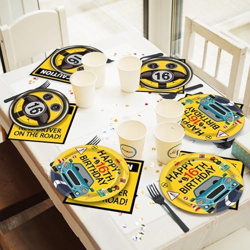 100 Pcs Drivers License 16th Birthday Party Decorations New Driver Car Plates and Napkins Set Disposable Racing 16 Years Old Paper Tableware for Boys Learner Driver Theme Supplies Serves 25 - Image 5