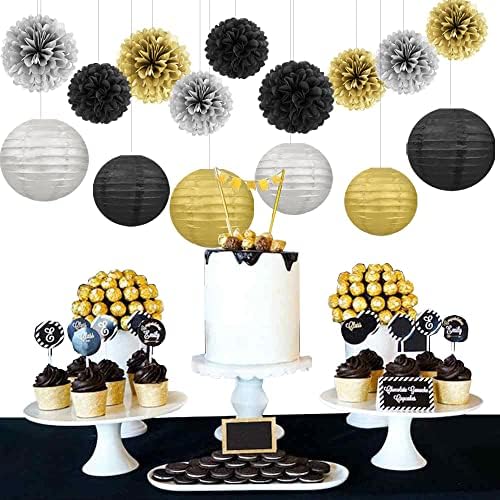 Black Silver Gold Party Decorations - 15Pcs Paper Flowers Tissue Pom Poms Paper Lanterns Graduation Hanging Decor Retirement Decoration 50th 80th 90th Men Birthday Anniversary HongTongTong - Image 5