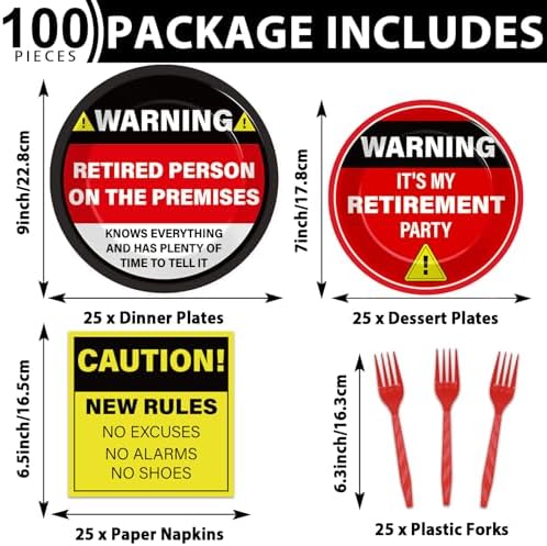 Qyeahkj 100 Pcs Funny Happy Retirement Party Supplies Caution Retirement Paper Plates and Napkins Set Disposable Warning Sign Tableware Decorations for Men Women Farewell Going Away Party Serves 25 - Image 2
