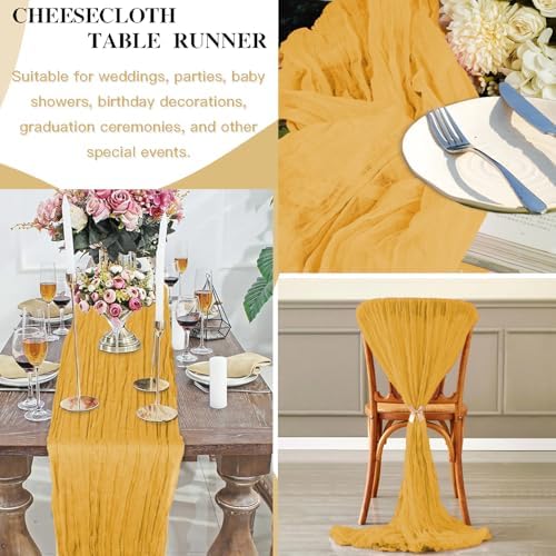 12 Pack Gold Cheesecloth Table Runner, 35x120 Inch Mustard Boho Gauze Table Runner 10ft Rustic Sheer Cheese Cloth Runners for Bridal Shower Wedding Party Baby Shower Table Decor - Image 6